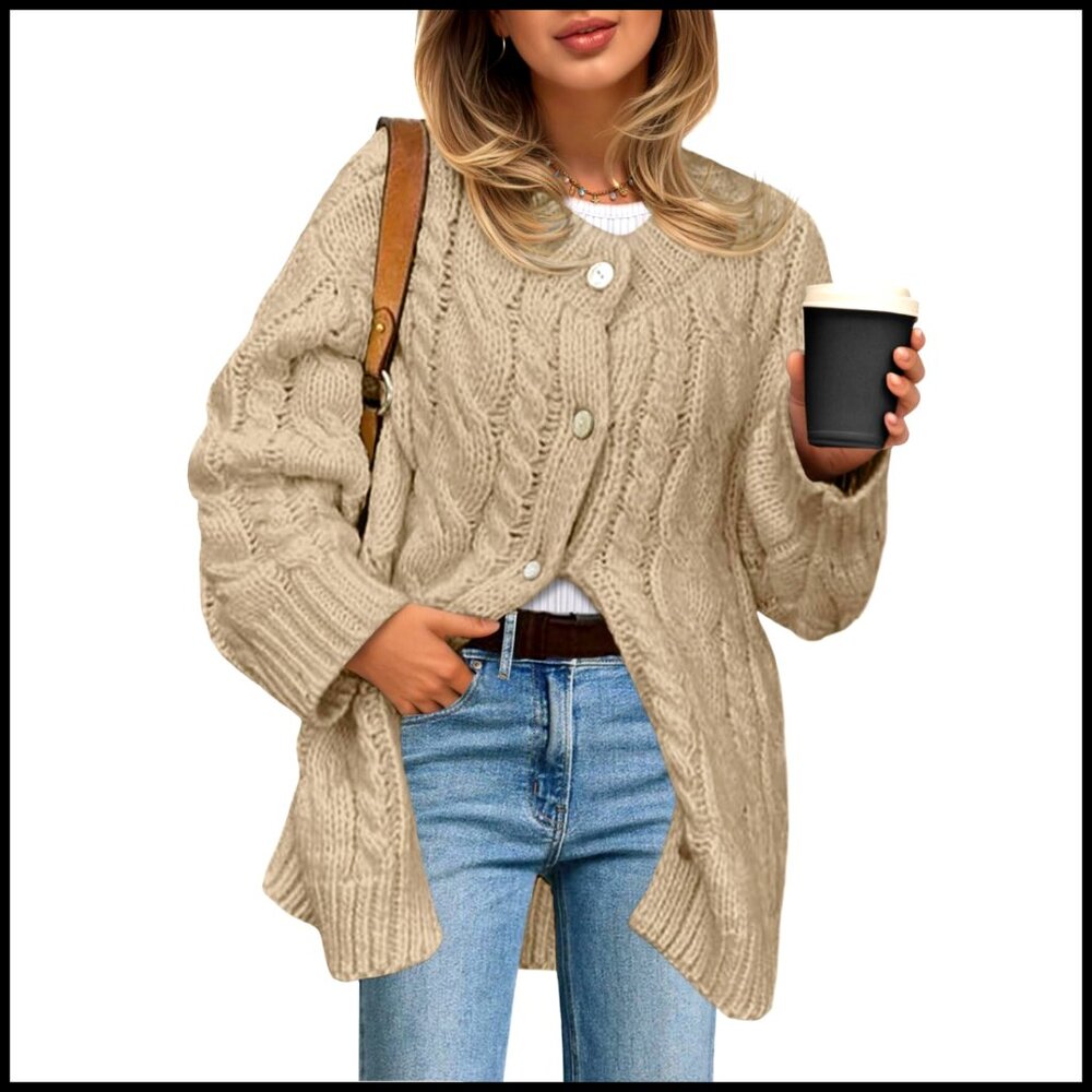 Chunky Cable Knit Cardigan Sweater Dress, Oversized Fit, Warm Winter Wear - Picture 1 of 7